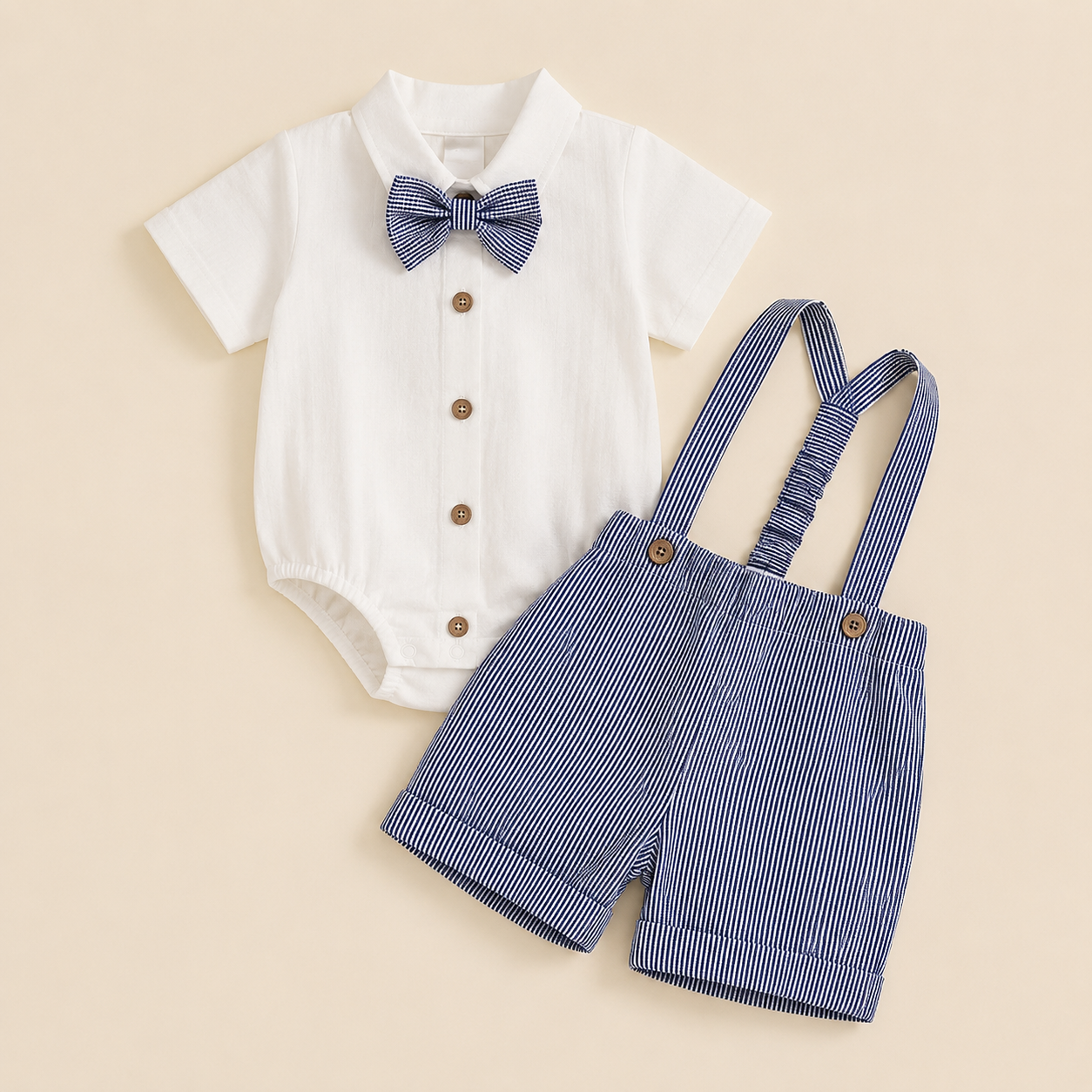 Baby Boy Gentleman Outfit – Romper Suspender Shorts Bowtie Summer Set