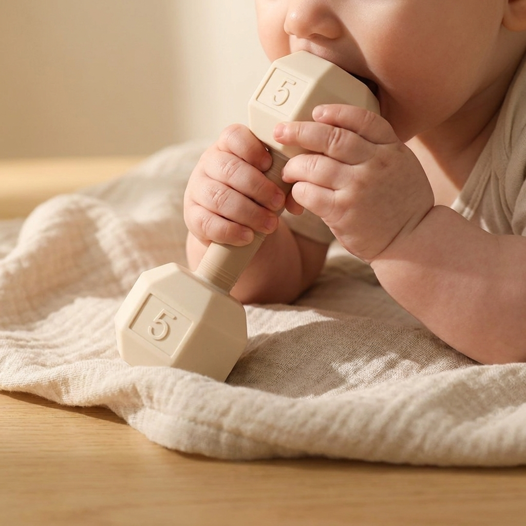 Baby Dumbbell Rattle Teether – Silicone BPA Free Newborn Toy Infant Gift