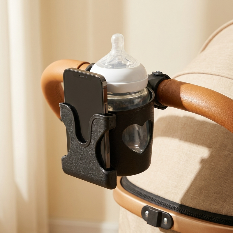 Stroller Cup Holder with Phone Holder – Universal Pram Bottle Holder, Beige or Black