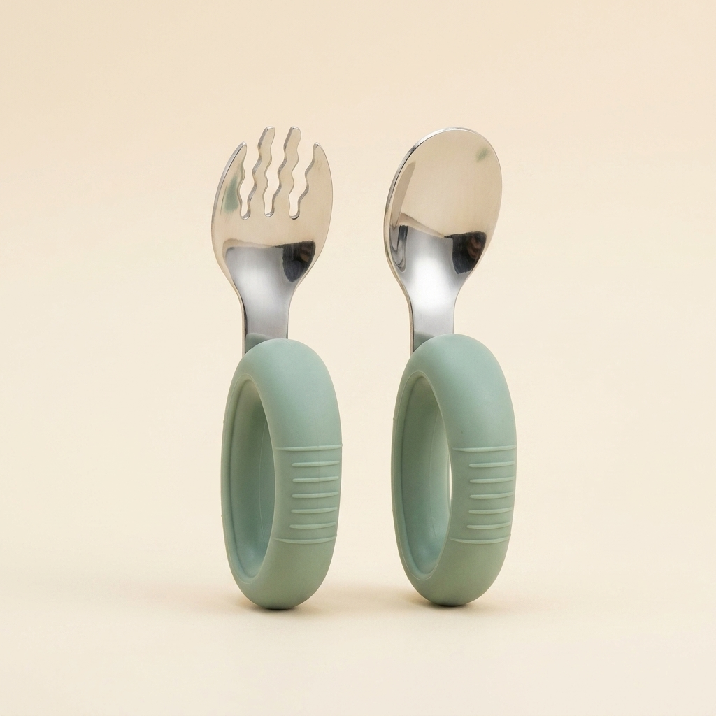 Baby Training Spoon Fork Set – Silicone Handle Stainless Steel Toddler Cutlery