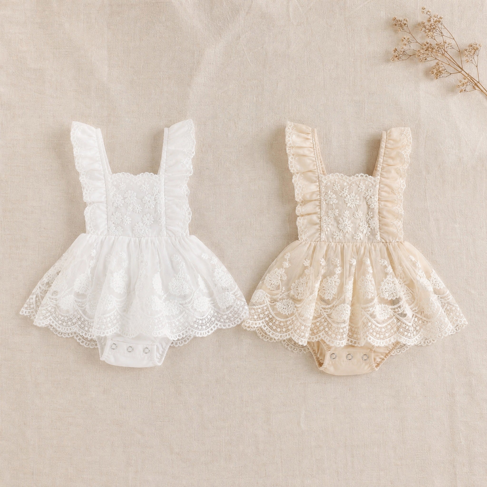Baby Girl Lace Romper Dress – Floral Embroidery Ruffle Sleeveless Summer Jumpsuit