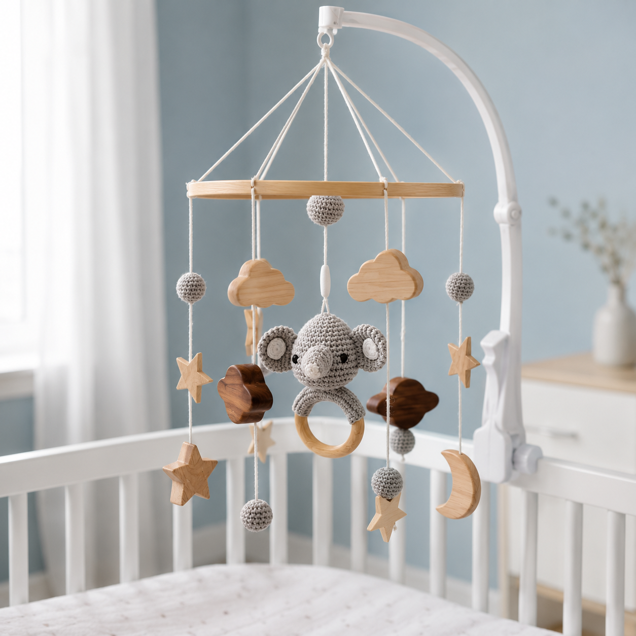 Elephant Crib Mobile – Rotating Musical Bed Bell with Wooden Ring, Stars & Clouds for Newborn Nursery