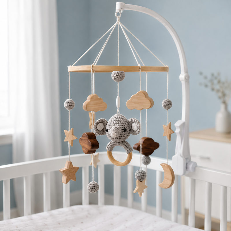 Elephant Crib Mobile – Rotating Musical Bed Bell with Wooden Ring, Stars & Clouds for Newborn Nursery