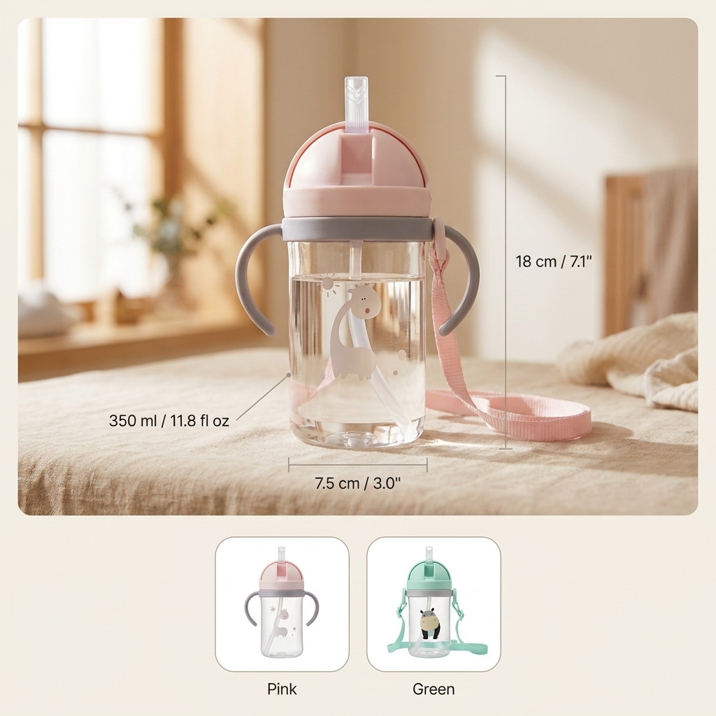 Kids Sippy Cup with Straw – 350ml Leak Proof Toddler Water Bottle with Shoulder Strap