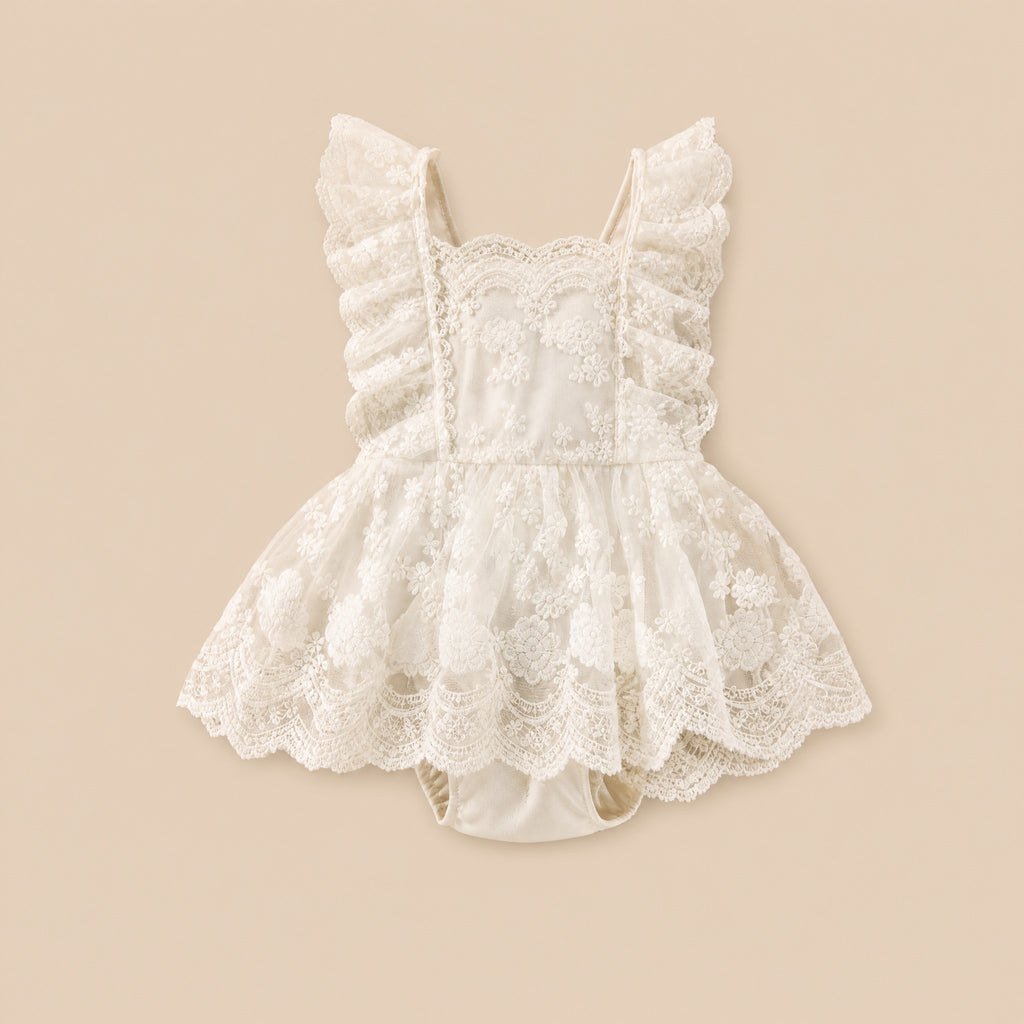 Baby Girl Lace Romper Dress – Floral Embroidery Ruffle Sleeveless Summer Jumpsuit