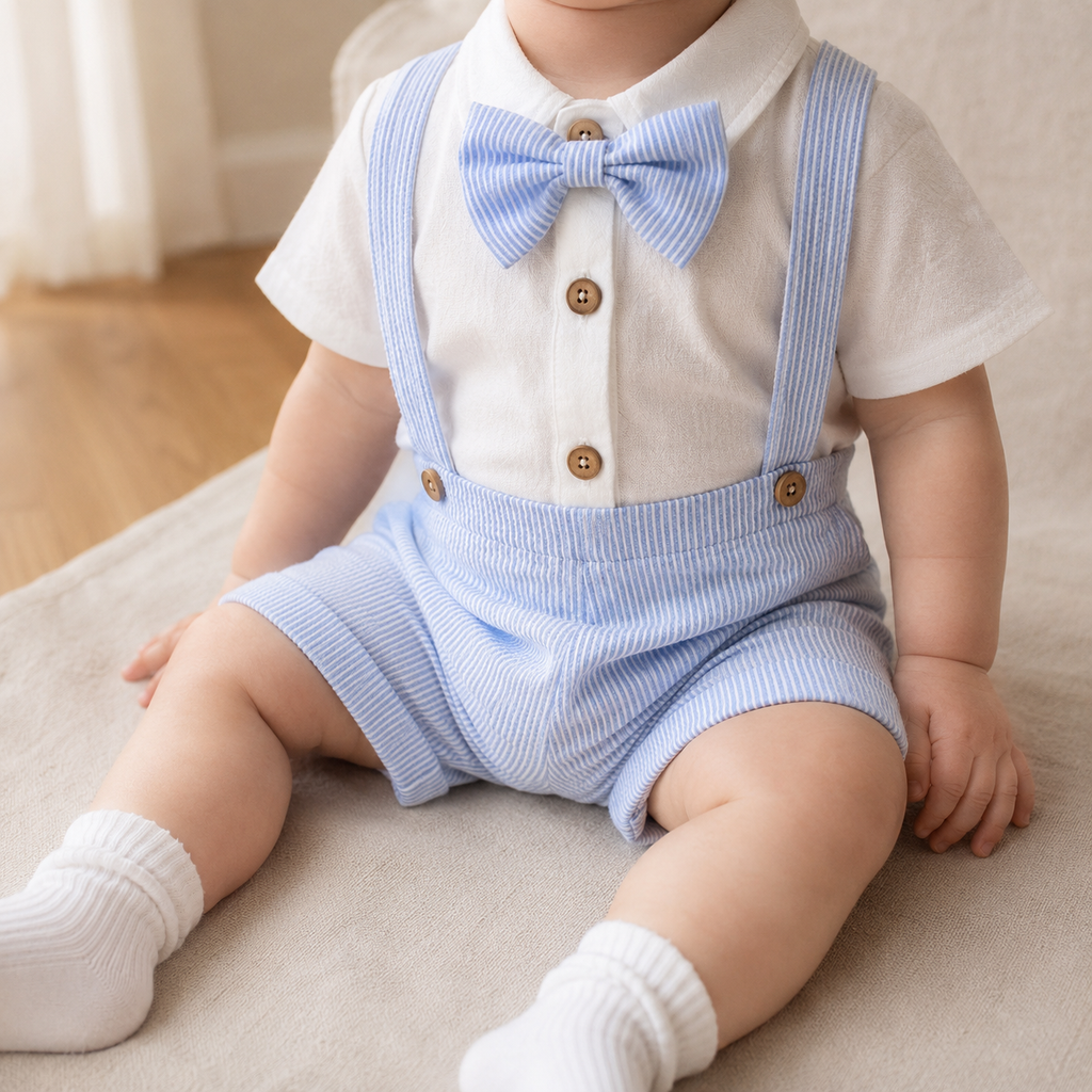 Baby Boy Gentleman Outfit – Romper Suspender Shorts Bowtie Summer Set