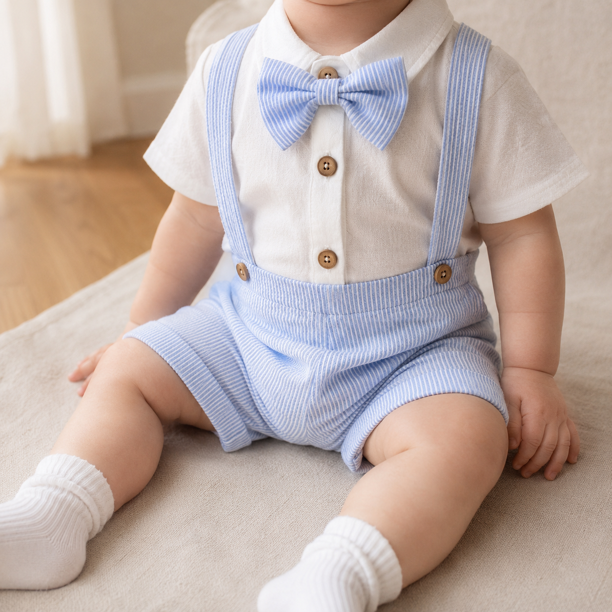 Baby Boy Gentleman Outfit – Romper Suspender Shorts Bowtie Summer Set