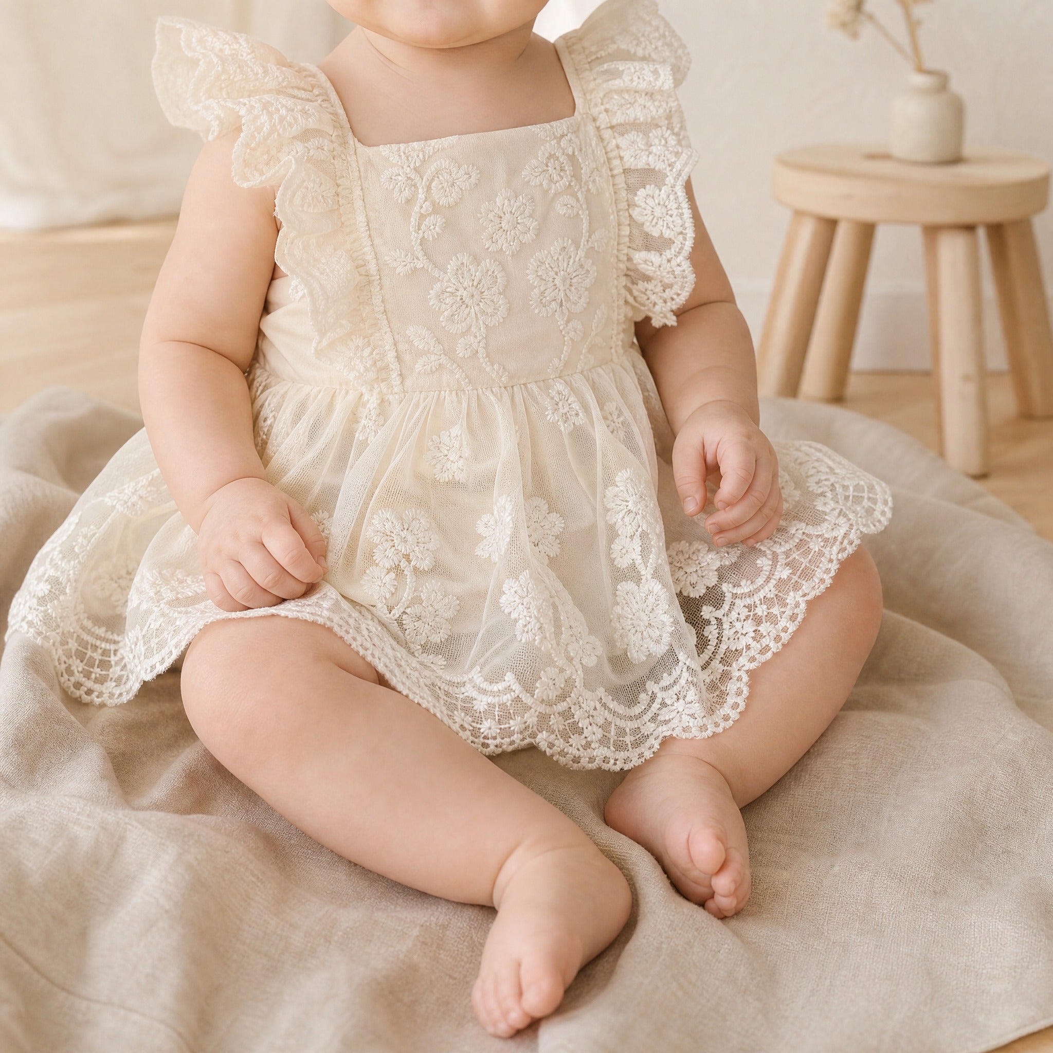 Baby Girl Lace Romper Dress – Floral Embroidery Ruffle Sleeveless Summer Jumpsuit