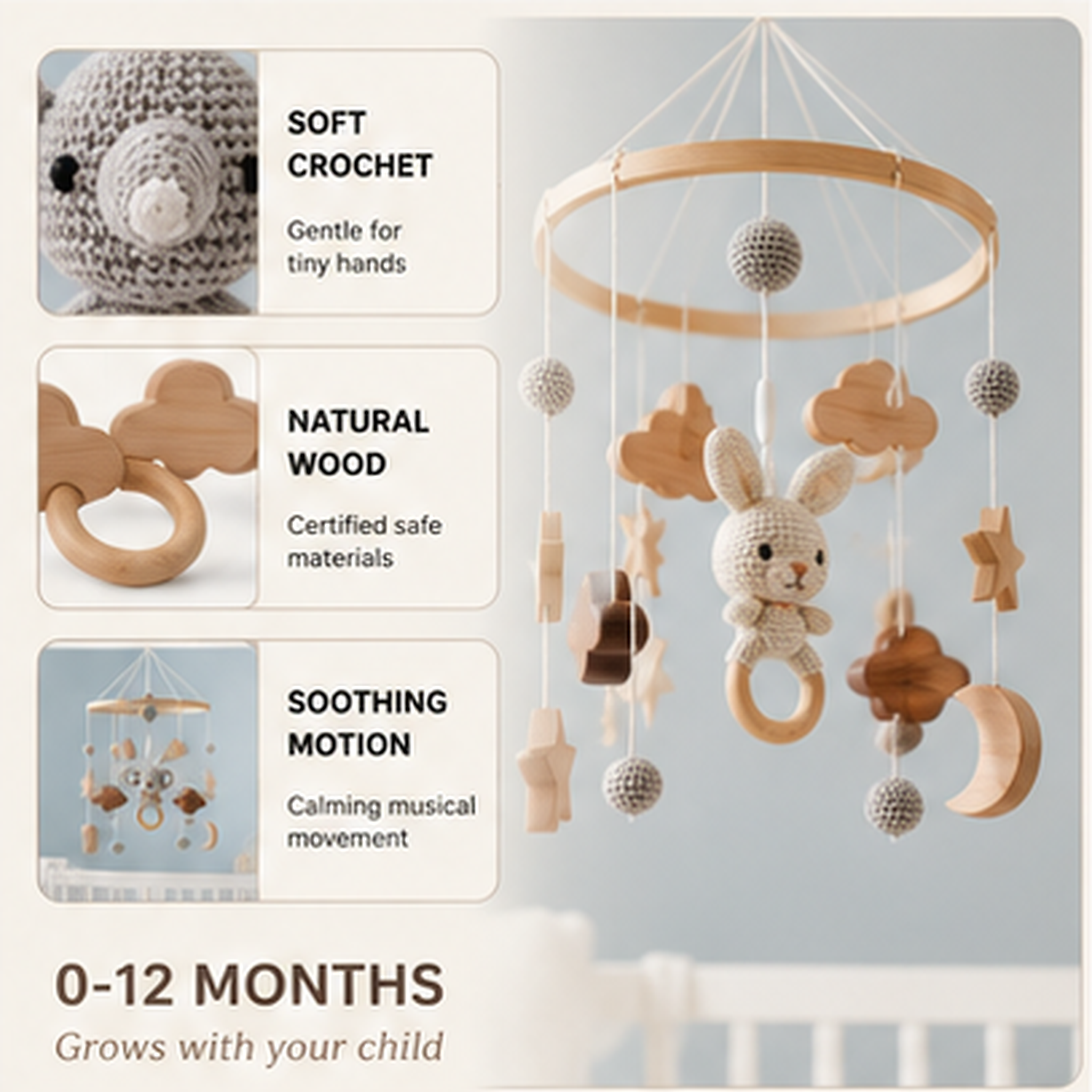 Elephant Crib Mobile – Rotating Musical Bed Bell with Wooden Ring, Stars & Clouds for Newborn Nursery