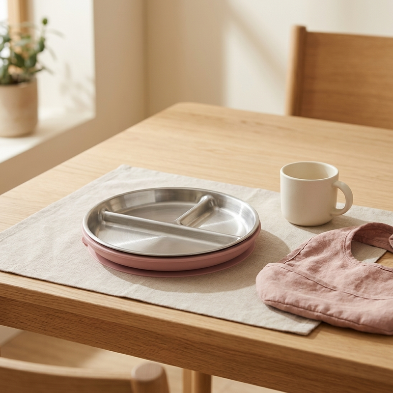 Stainless Steel Divided Toddler Plate – Silicone Suction Base Baby Feeding Tray