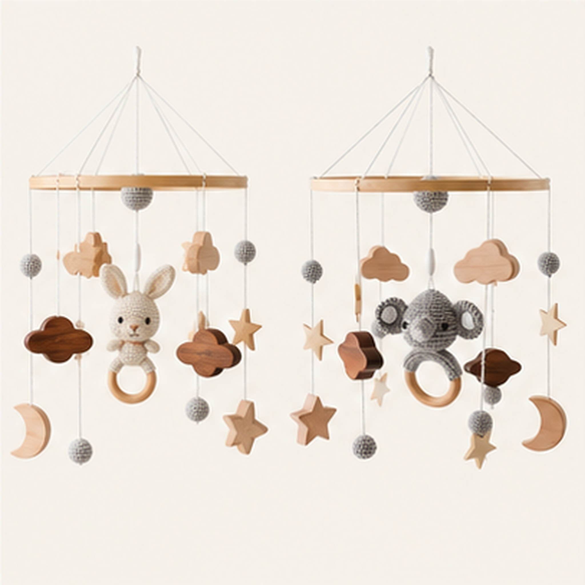 Elephant Crib Mobile – Rotating Musical Bed Bell with Wooden Ring, Stars & Clouds for Newborn Nursery