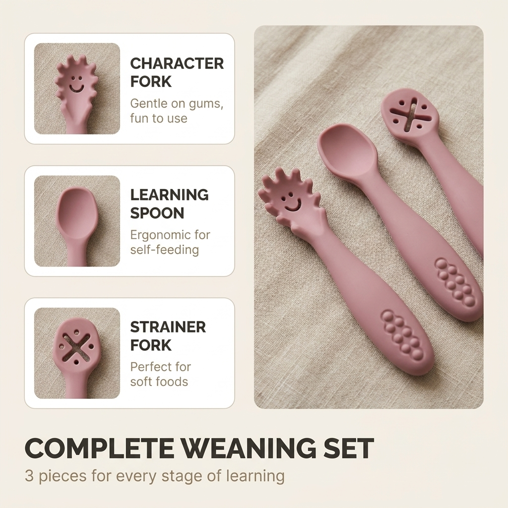 Baby Weaning Spoon Set – Soft Silicone Toddler Cutlery for Self-Feeding, 3-Piece