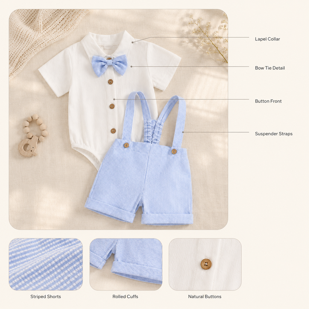 Baby Boy Gentleman Outfit – Romper Suspender Shorts Bowtie Summer Set