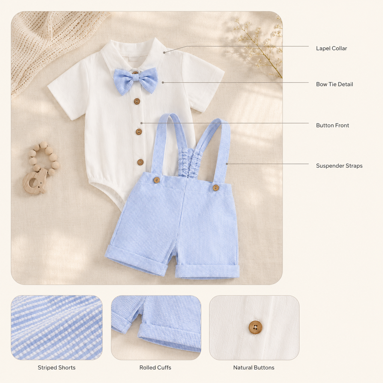 Baby Boy Gentleman Outfit – Romper Suspender Shorts Bowtie Summer Set