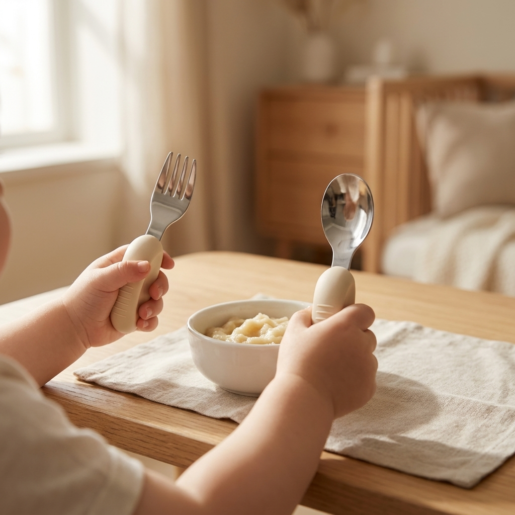 Baby Training Spoon Fork Set – Silicone Handle Stainless Steel Toddler Cutlery