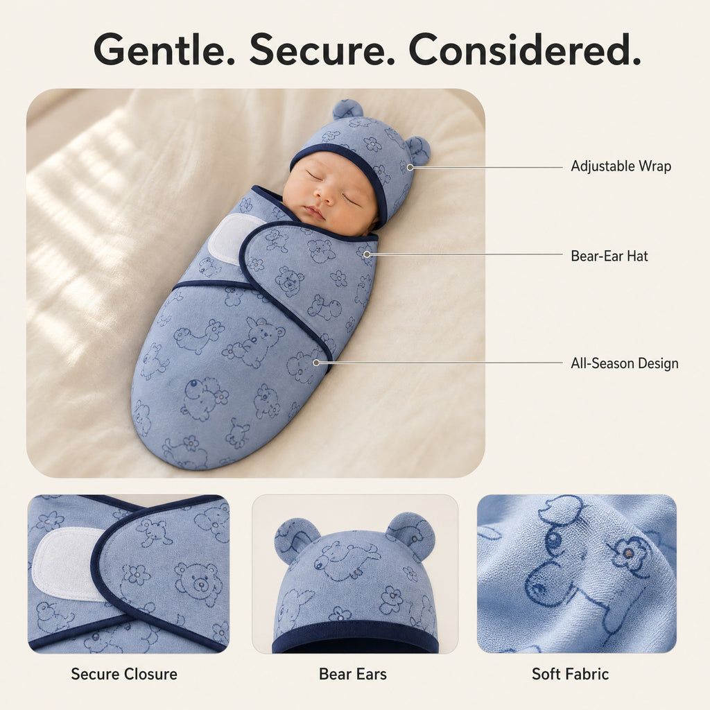 Baby Swaddle Wrap Hat Set – Cartoon Print Newborn Blanket 0–6 Months All Seasons