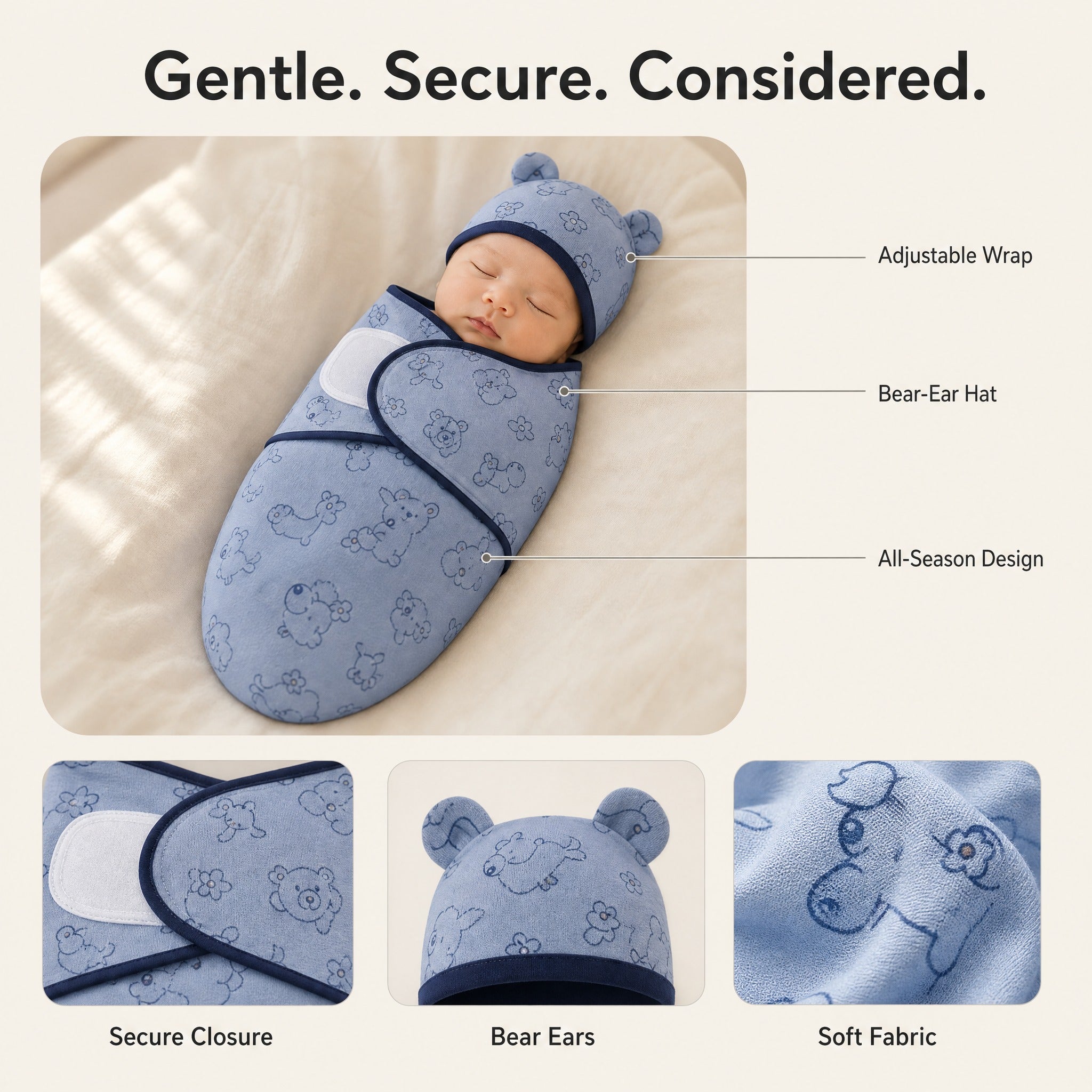 Baby Swaddle Wrap Hat Set – Cartoon Print Newborn Blanket 0–6 Months All Seasons