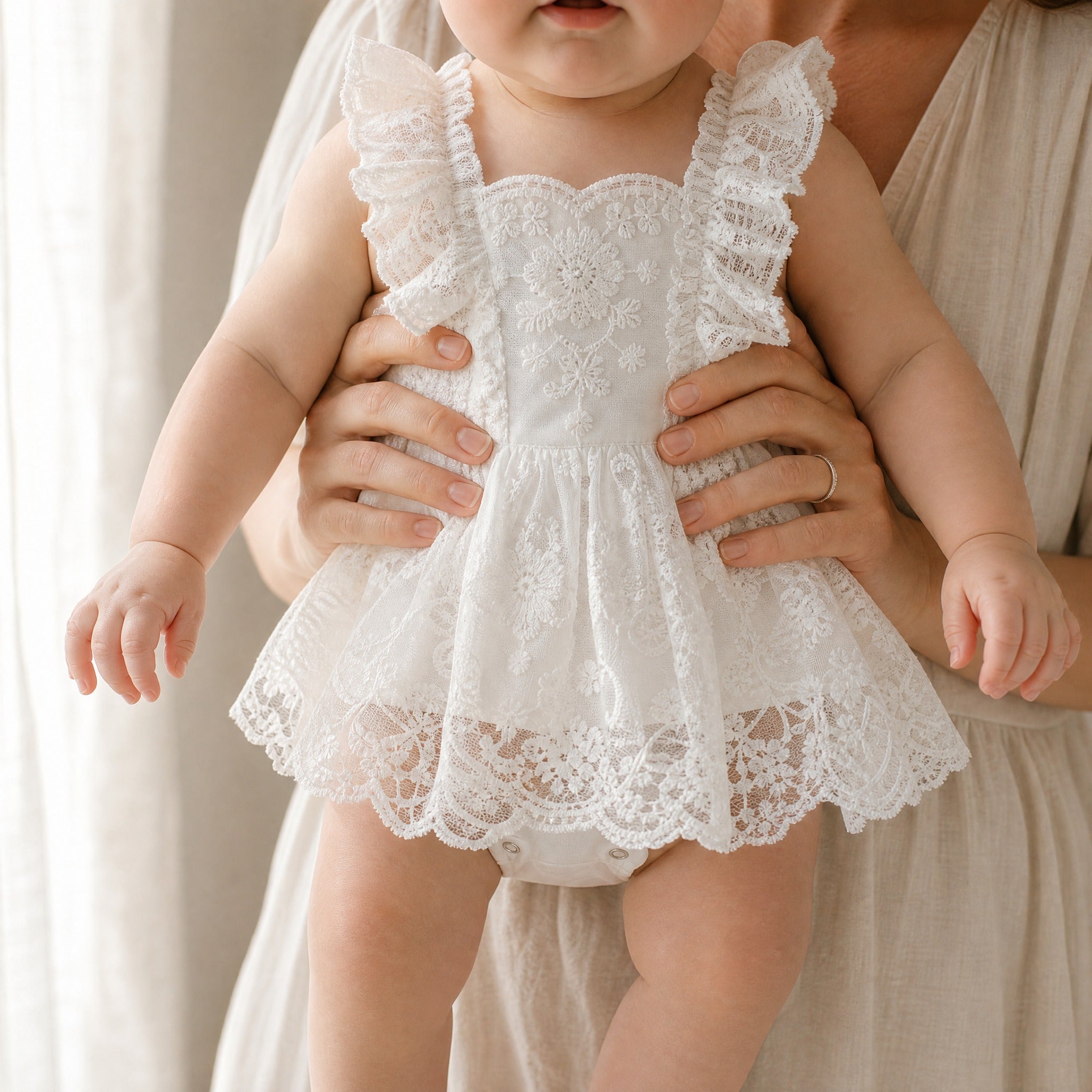 Baby Girl Lace Romper Dress – Floral Embroidery Ruffle Sleeveless Summer Jumpsuit