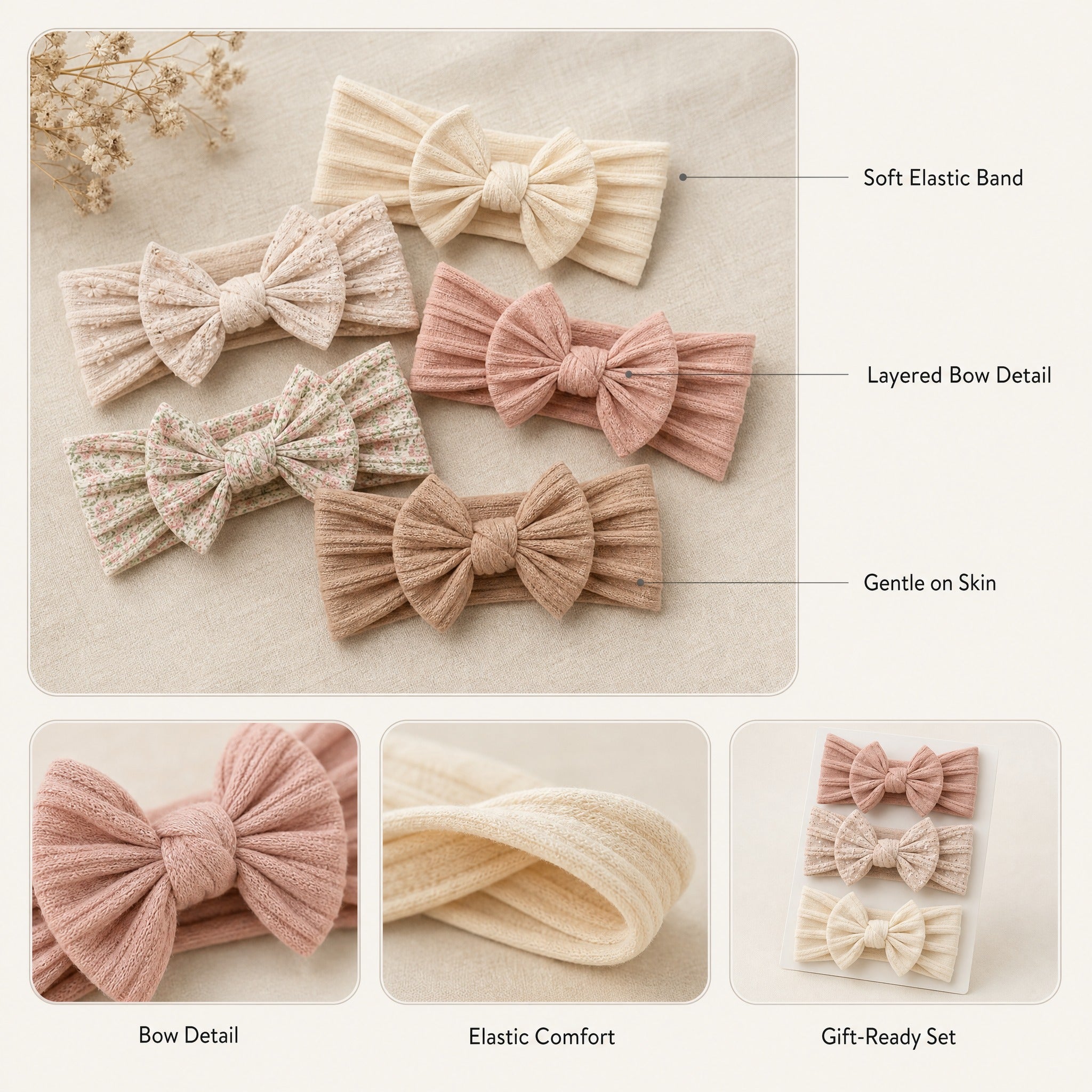 Baby Girl Bow Headbands Set of 3 – Newborn Hair Accessories Infant Gift