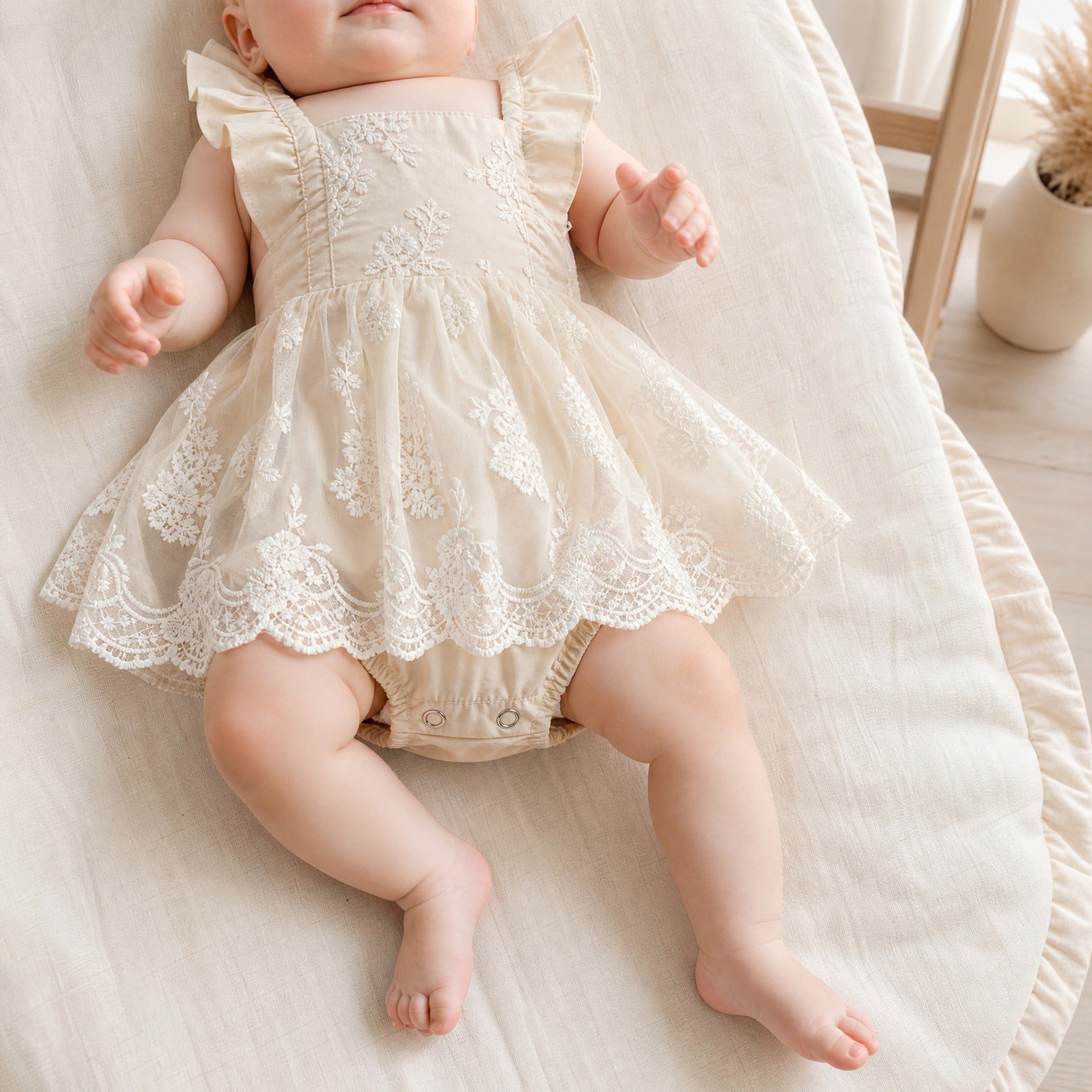 Baby Girl Lace Romper Dress – Floral Embroidery Ruffle Sleeveless Summer Jumpsuit