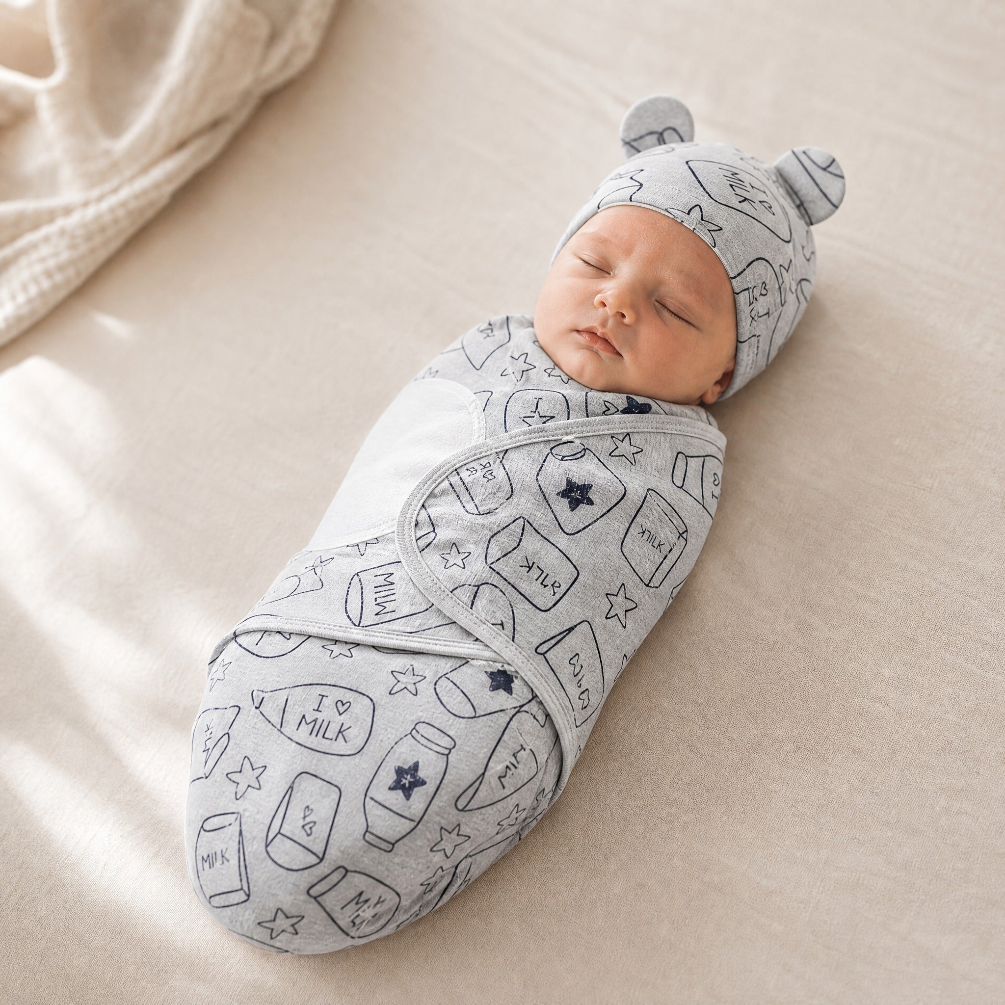 Baby Swaddle Wrap Hat Set – Cartoon Print Newborn Blanket 0–6 Months All Seasons