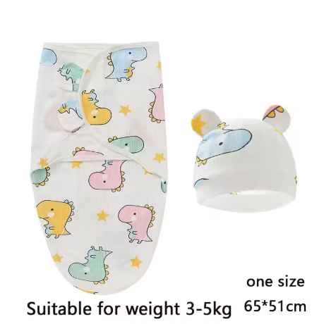 Baby Swaddle Wrap Hat Set – Cartoon Print Newborn Blanket 0–6 Months All Seasons