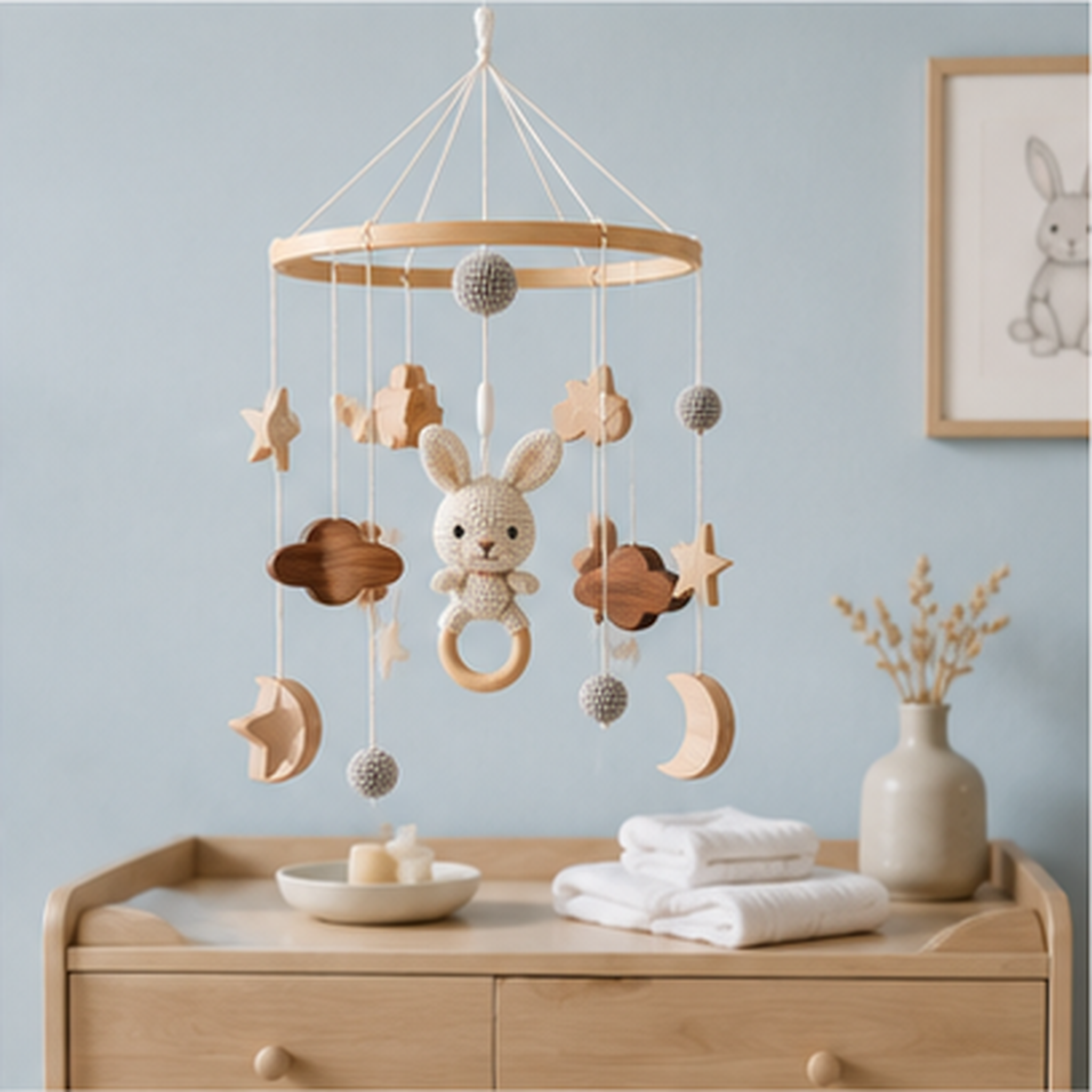 Elephant Crib Mobile – Rotating Musical Bed Bell with Wooden Ring, Stars & Clouds for Newborn Nursery