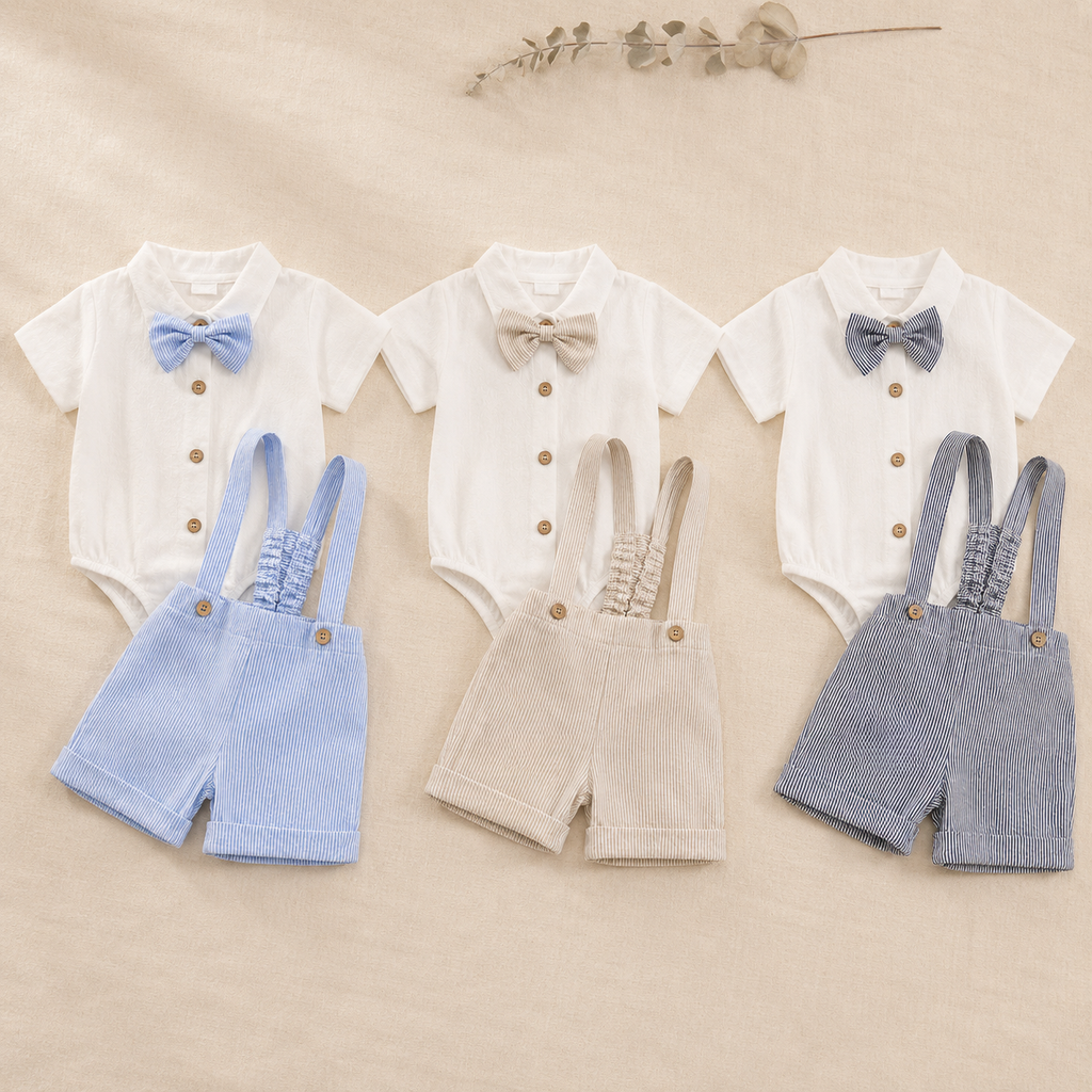 Baby Boy Gentleman Outfit – Romper Suspender Shorts Bowtie Summer Set