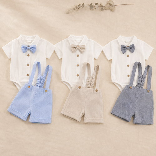 Baby Boy Gentleman Outfit – Romper Suspender Shorts Bowtie Summer Set