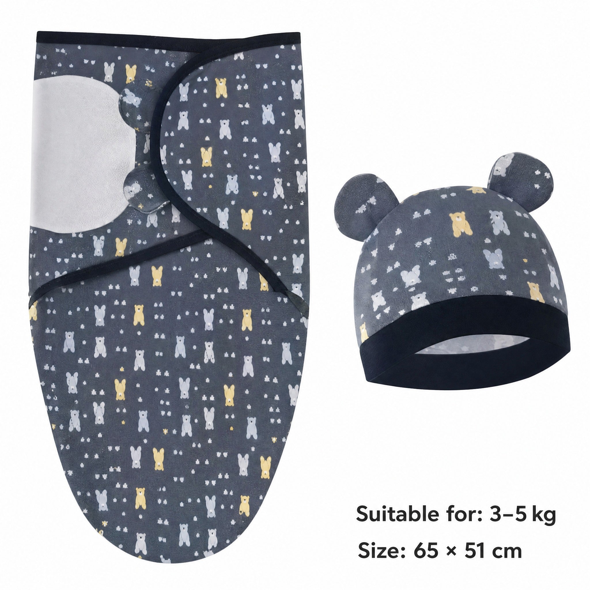Baby Swaddle Wrap Hat Set – Cartoon Print Newborn Blanket 0–6 Months All Seasons