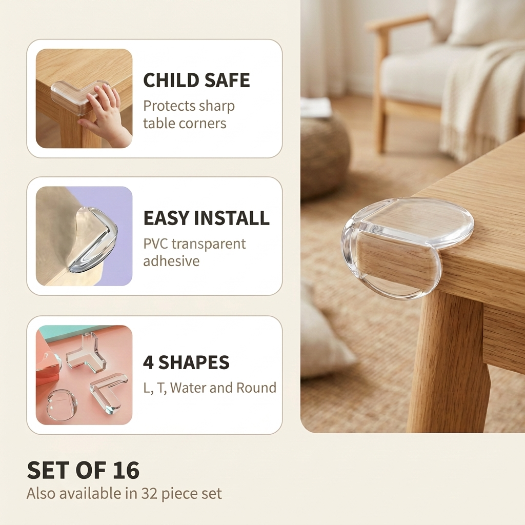 Baby Safety Corner Guards for Tables – 16 or 32 Pcs, 4 Shapes