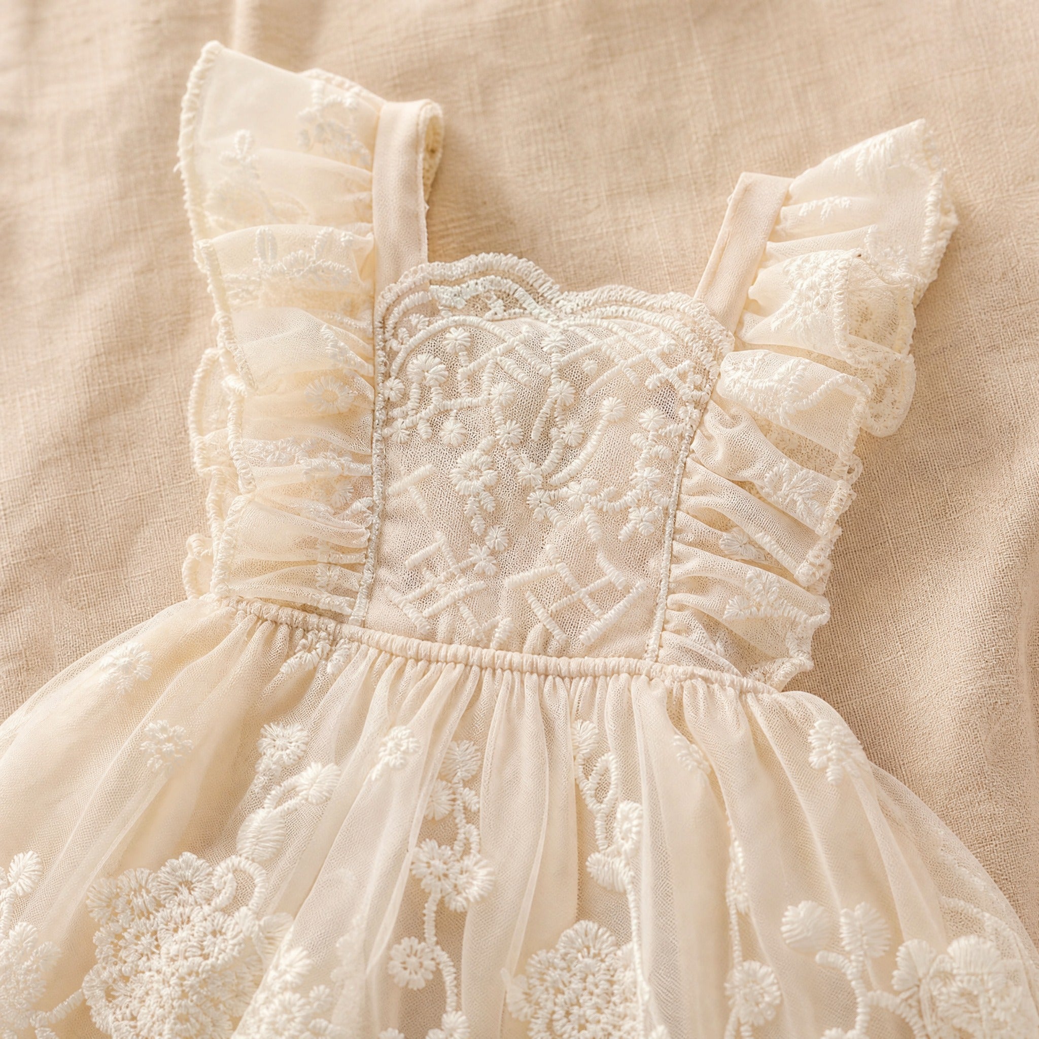Baby Girl Lace Romper Dress – Floral Embroidery Ruffle Sleeveless Summer Jumpsuit