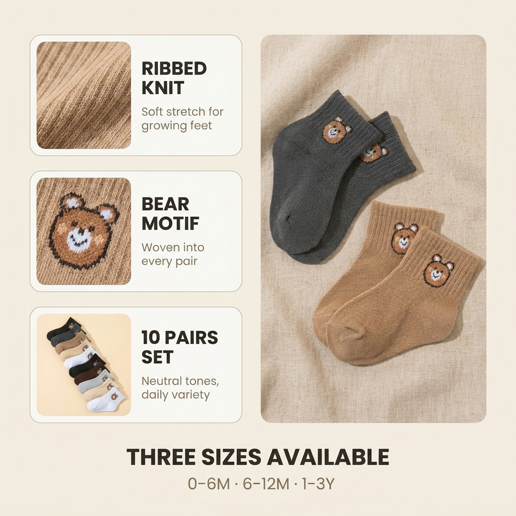 Bear Ankle Socks 10 Pack – Neutral Kids Socks Baby Toddler Boy Girl Gift Set