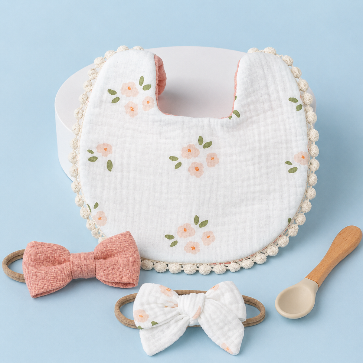 Baby Floral Bib and Bow Headband Set – 3 Piece Cotton Feeding Bib and Nylon Hairbands for Ages 1–3