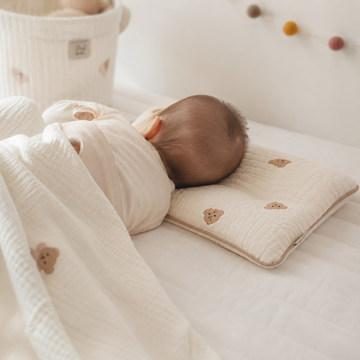 Cotton Embroidery Baby Pillow – Breathable Newborn Head Protector for Nursery Bedding