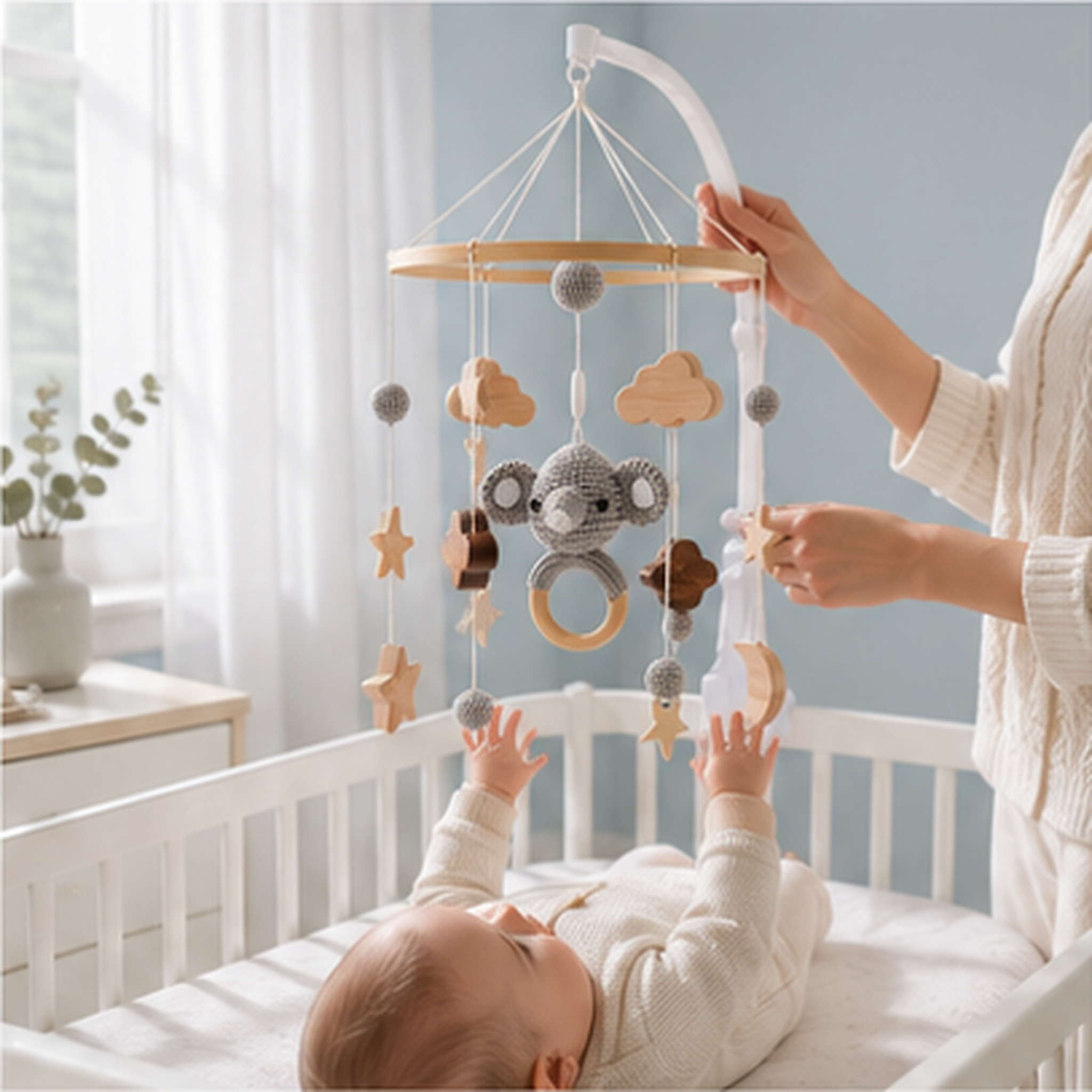 Elephant Crib Mobile – Rotating Musical Bed Bell with Wooden Ring, Stars & Clouds for Newborn Nursery