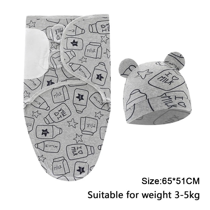 Baby Swaddle Wrap Hat Set – Cartoon Print Newborn Blanket 0–6 Months All Seasons