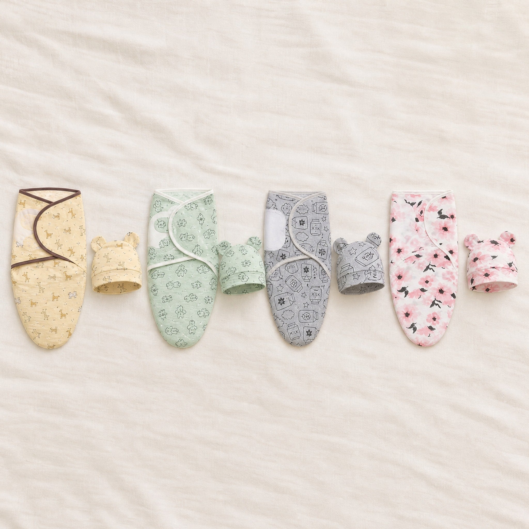 Baby Swaddle Wrap Hat Set – Cartoon Print Newborn Blanket 0–6 Months All Seasons