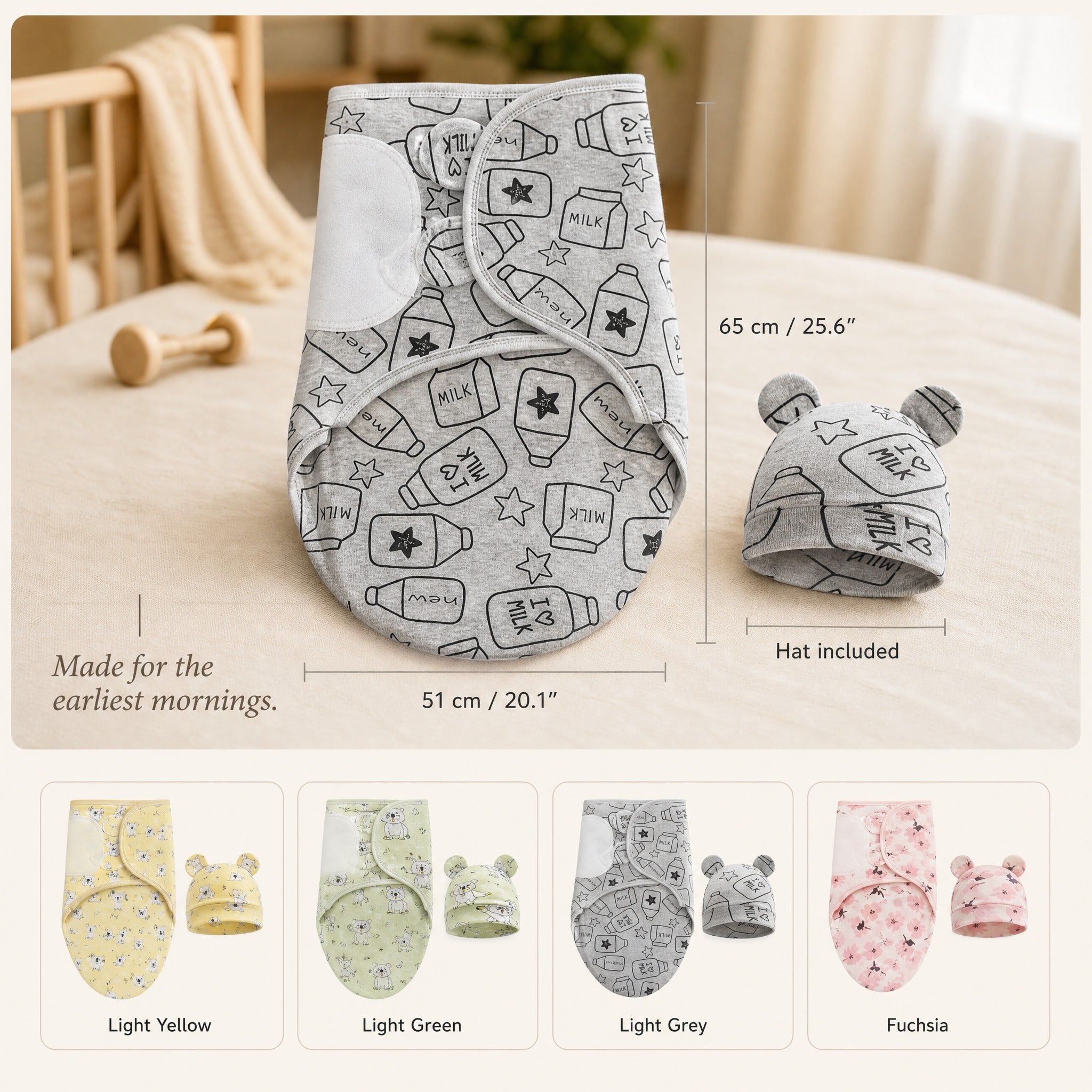 Baby Swaddle Wrap Hat Set – Cartoon Print Newborn Blanket 0–6 Months All Seasons
