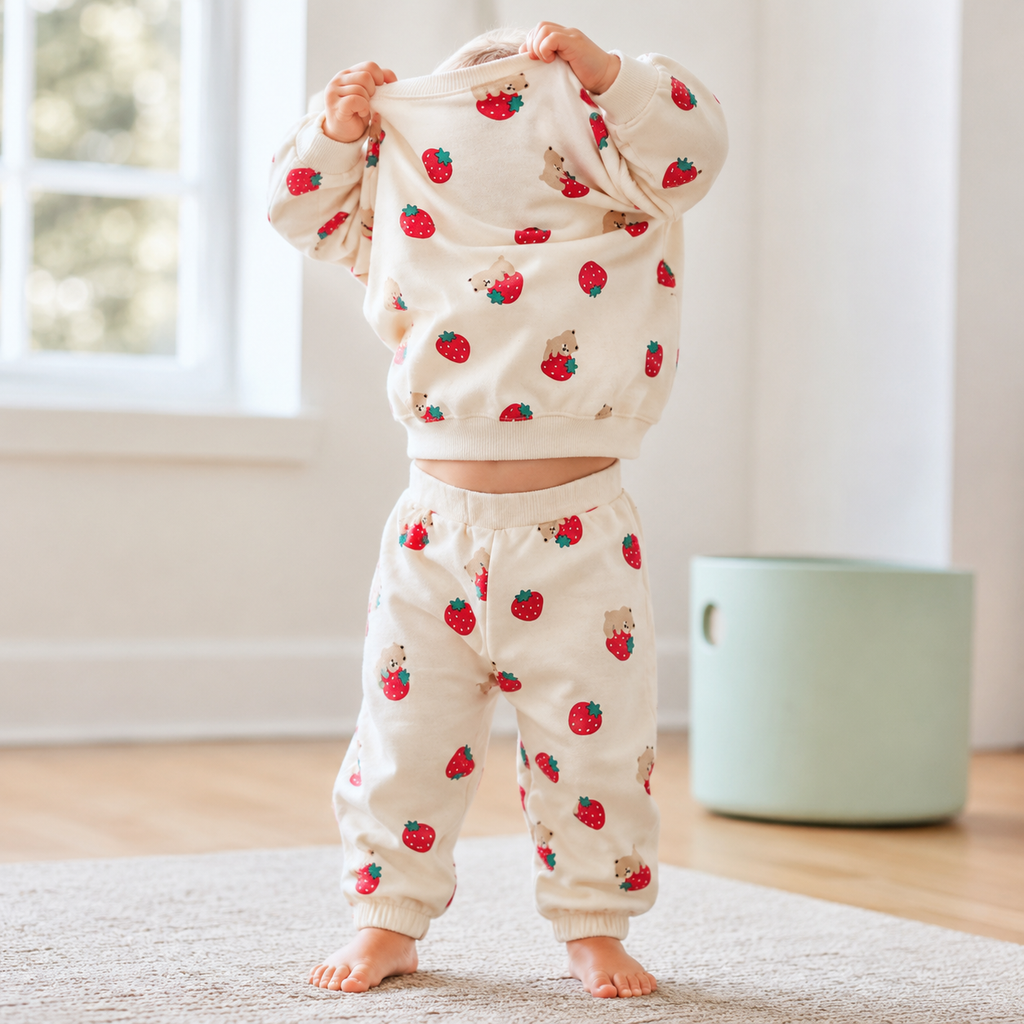 Baby Strawberry Tracksuit – Cotton Pullover & Joggers Set, Loose Fit Toddler Outfit