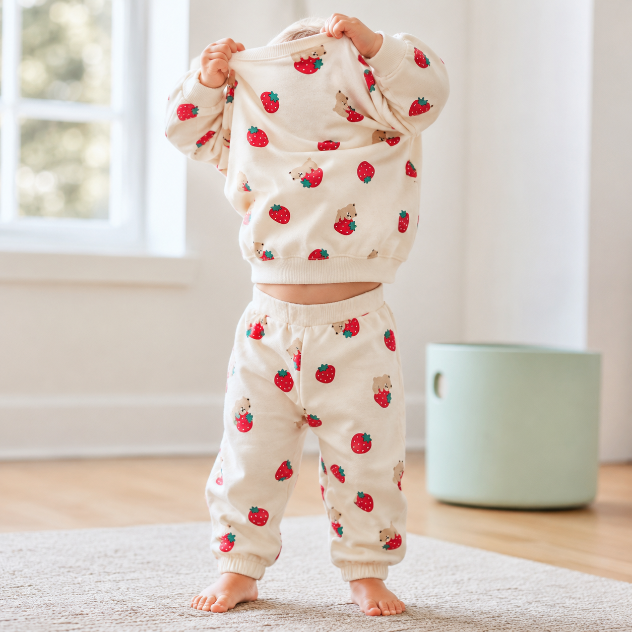 Baby Strawberry Tracksuit – Cotton Pullover & Joggers Set, Loose Fit Toddler Outfit