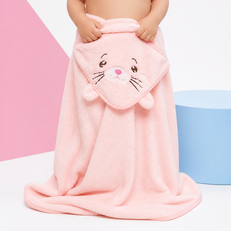 Hooded Toddler Bath Towel - Soft Polyester Cartoon Wrap for Boys and Girls Ages 1 to 3 Bath Time Robe