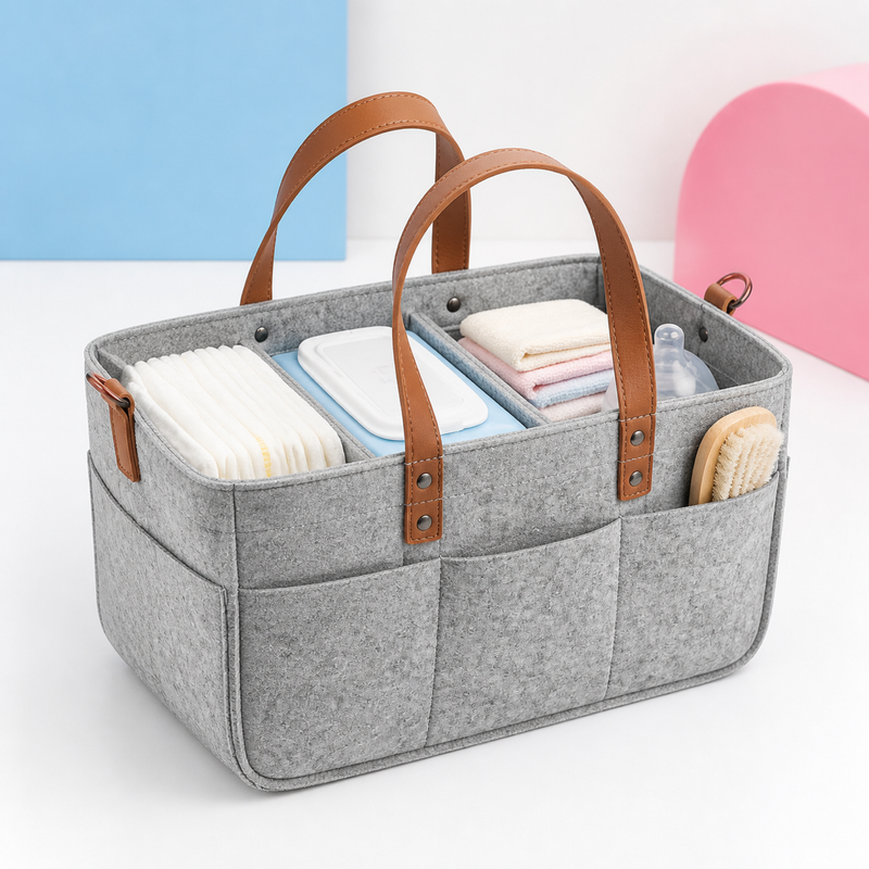 Baby Diaper Caddy – Polyester Felt Organizer with Handles, Dividers and Large Pockets for Nursery