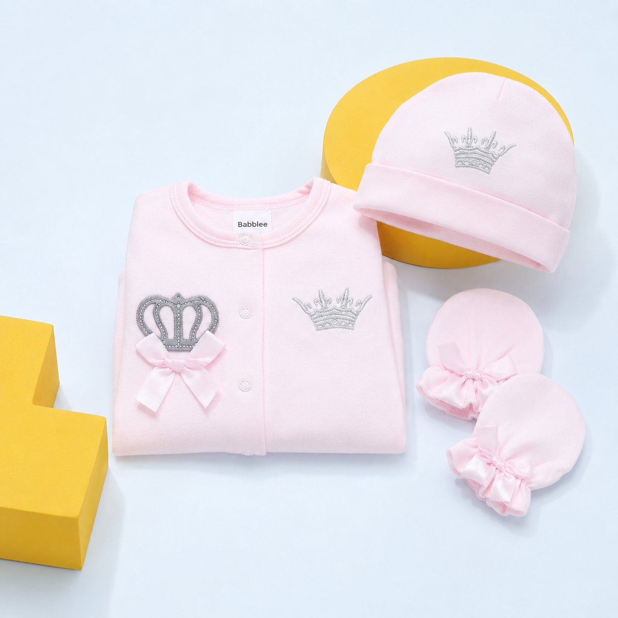 Newborn Cotton Romper Set – Crown Footed Onesie with Cap & Mittens, 0-9M