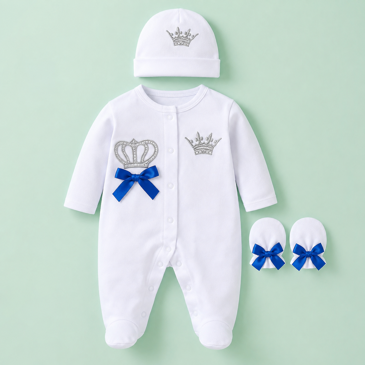 Newborn Cotton Romper Set – Crown Footed Onesie with Cap & Mittens, 0-9M