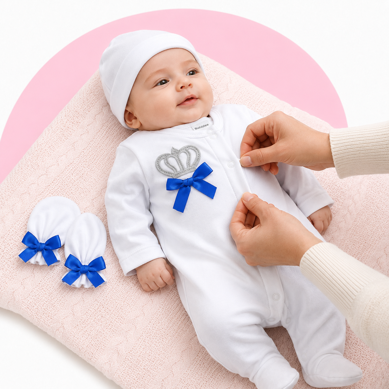 Newborn Cotton Romper Set – Crown Footed Onesie with Cap & Mittens, 0-9M