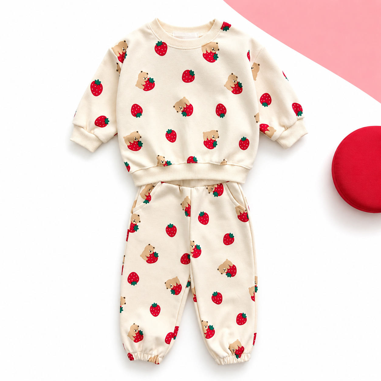 Baby Strawberry Tracksuit – Cotton Pullover & Joggers Set, Loose Fit Toddler Outfit