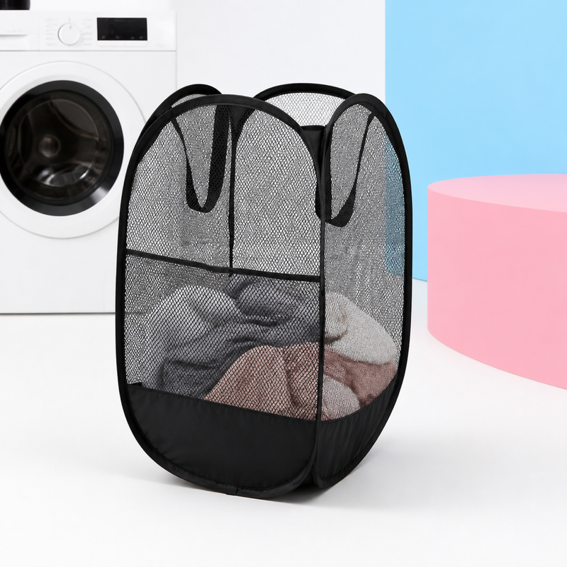 Foldable Laundry Basket – Large Capacity Mesh Design, Carry Handles, Bathroom Clothes Organizer