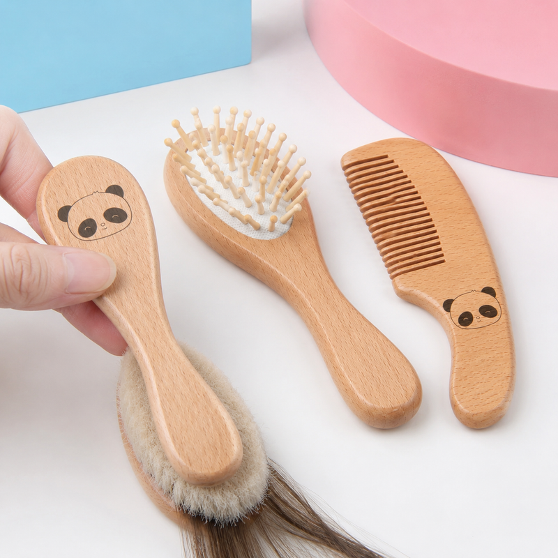 Engraved Baby Hair Brush – Natural Wool, Wooden Comb and Air Cushion Brush for Newborn Grooming Gift