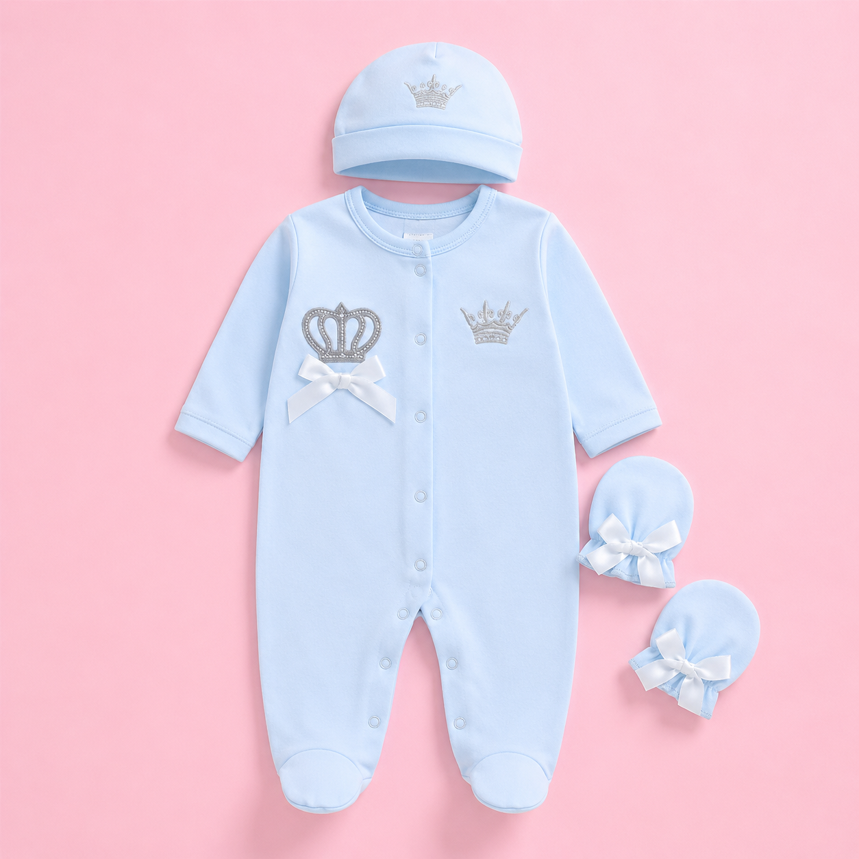 Newborn Cotton Romper Set – Crown Footed Onesie with Cap & Mittens, 0-9M